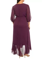 Plus Mesh 3/4 Sleeve Ruffle V-Neck Solid Fit and Flare Dress