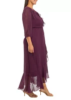 Plus Mesh 3/4 Sleeve Ruffle V-Neck Solid Fit and Flare Dress