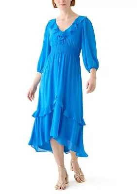 Women's 3/4 Sleeve V-Neck Solid Chiffon Fit and Flare Dress