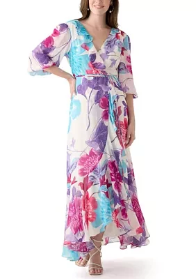Women's 3/4 Sleeve V-Neck Floral Print Chiffon Maxi Dress