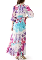 Women's 3/4 Sleeve V-Neck Floral Print Chiffon Maxi Dress
