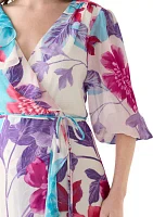 Women's 3/4 Sleeve V-Neck Floral Print Chiffon Maxi Dress