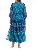 Plus 3/4 Sleeve Printed Fit and Flare Dress