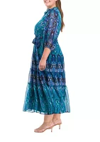 Plus 3/4 Sleeve Printed Fit and Flare Dress