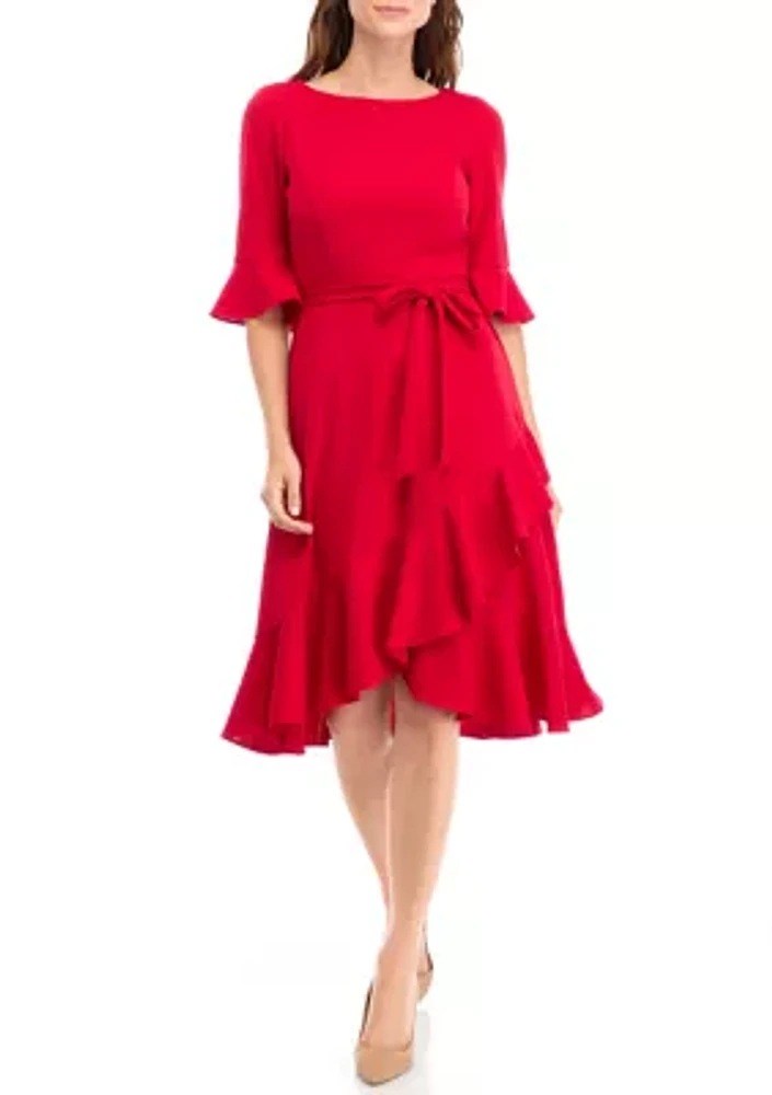 Women's Bell Sleeve Ruffle Crepe Fit and Flare Dress