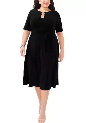Plus Short Sleeve 3 Ring Solid Tie Front Midi Dress