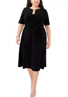 Plus Short Sleeve 3 Ring Solid Tie Front Midi Dress