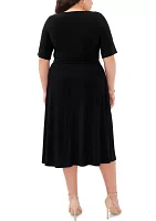 Plus Short Sleeve 3 Ring Solid Tie Front Midi Dress