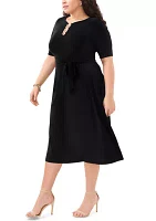 Plus Short Sleeve 3 Ring Solid Tie Front Midi Dress