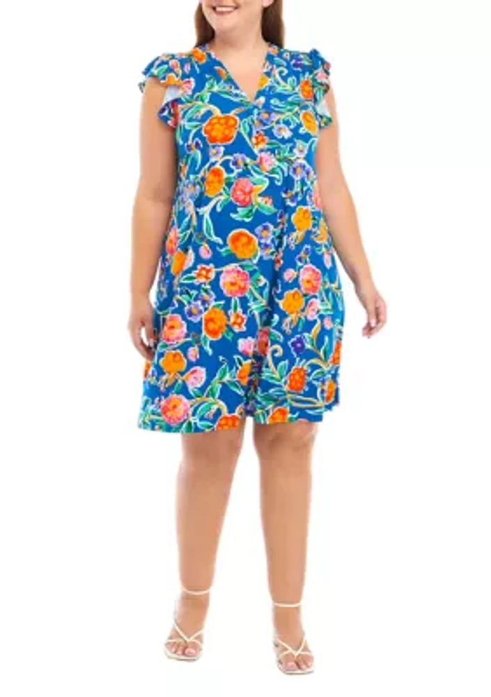 Plus Ruffle Short Sleeve V-Neck Floral Print Fit and Flare Dress