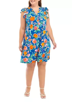 Plus Ruffle Short Sleeve V-Neck Floral Print Fit and Flare Dress