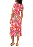 Women's Short Sleeve Paisley Print Tie Waist Fit and Flare Midi Dress