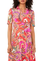 Women's Short Sleeve Paisley Print Tie Waist Fit and Flare Midi Dress