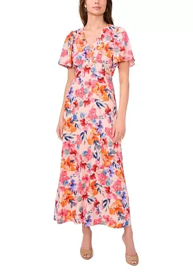 Women's Flutter Sleeve V-Neck Floral Print Chiffon Dress