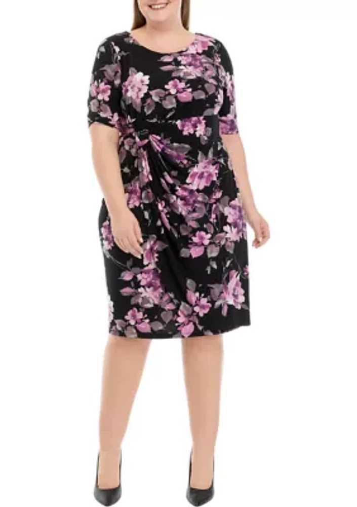 Plus Elbow Sleeve Floral Print Side Ruched Sheath Dress
