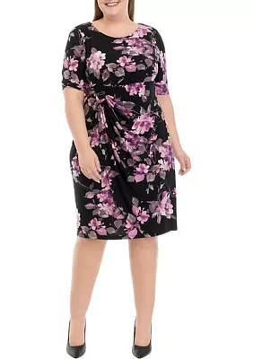 Plus Elbow Sleeve Floral Print Side Ruched Sheath Dress