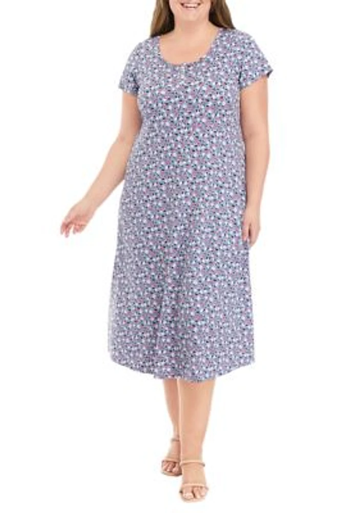 Plus Short Sleeve Scoop Neck Ditsy Floral Midi Dress
