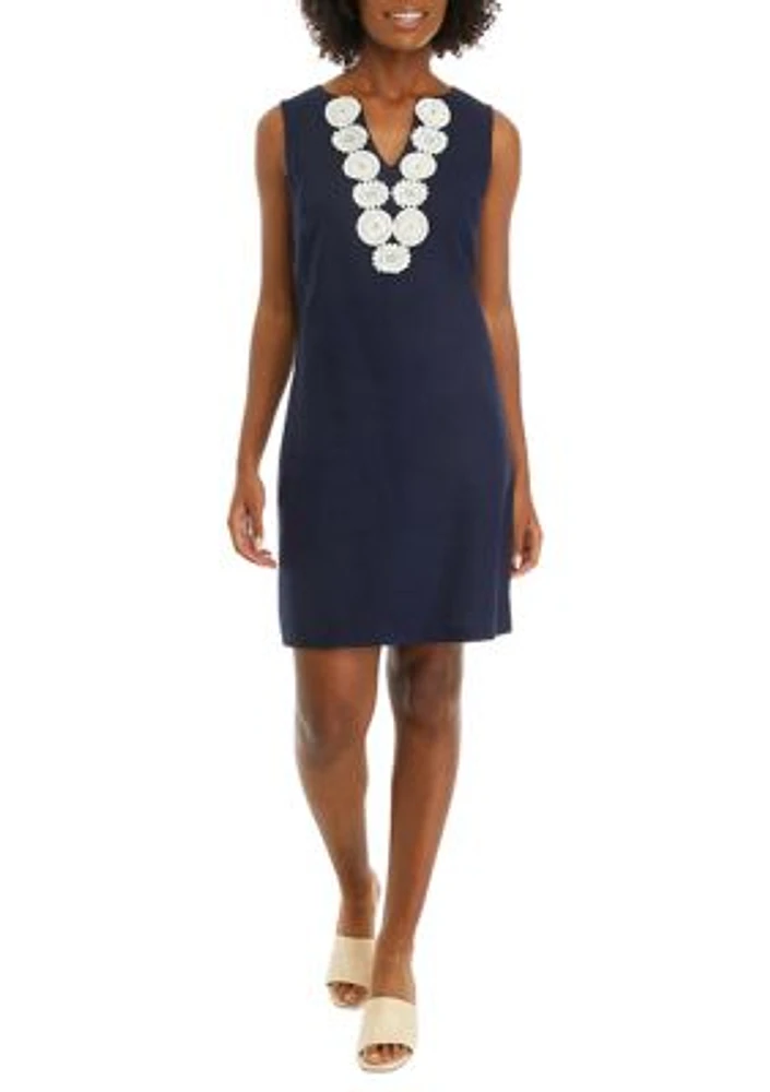Women's Sleeveless Embroidered V-Neck Solid Linen Sheath Dress