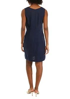Women's Sleeveless Embroidered V-Neck Solid Linen Sheath Dress