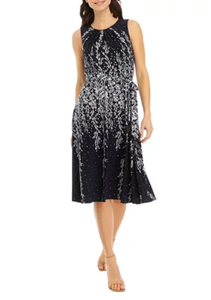 Women's Sleeveless Pleat Neck Ombré Floral Midi Dress