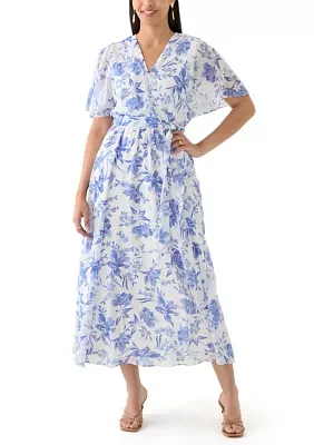Women's Floral Printed Chiffon Fit and Flare Midi Dress