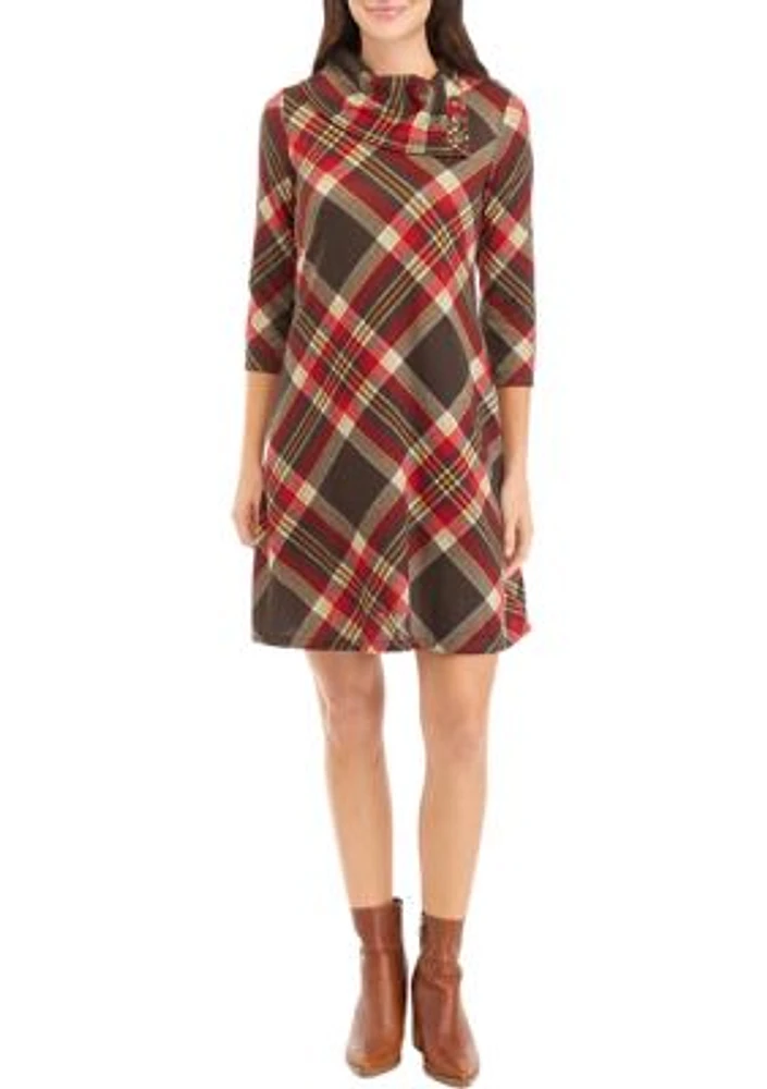 Women's 3/4 Sleeve Plaid A-Line Cozy Dress