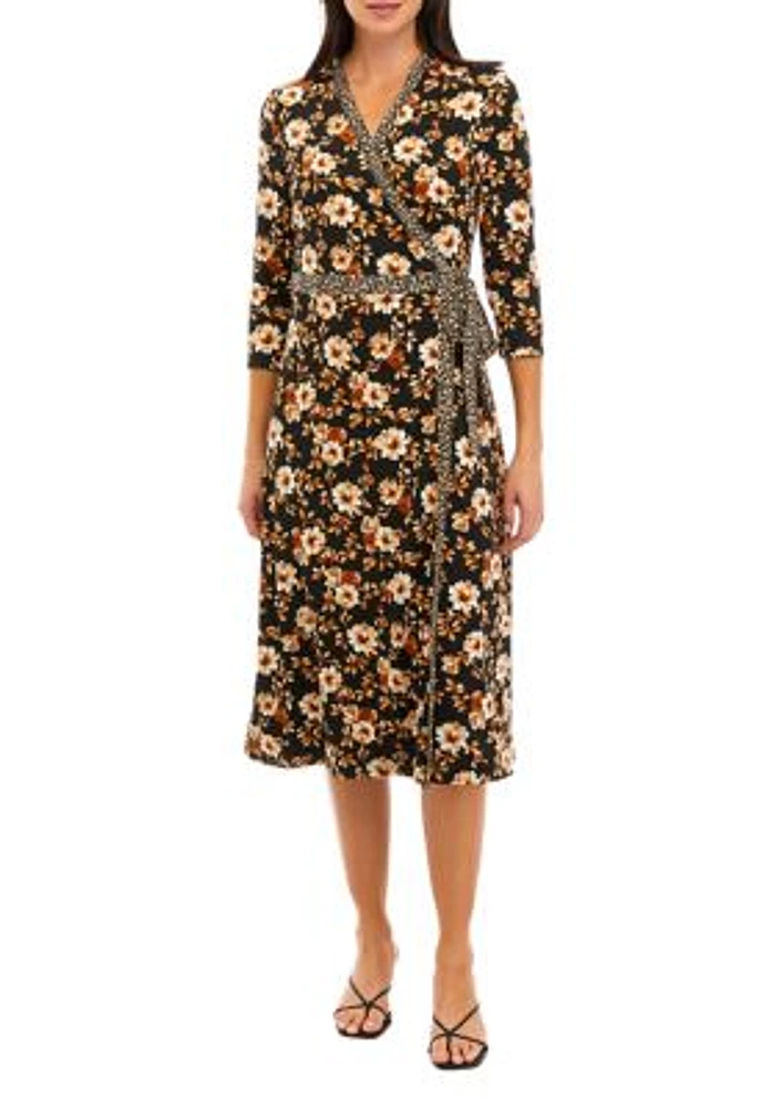 Women's 3/4 Sleeve V-Neck Floral Printed Wrap Dress