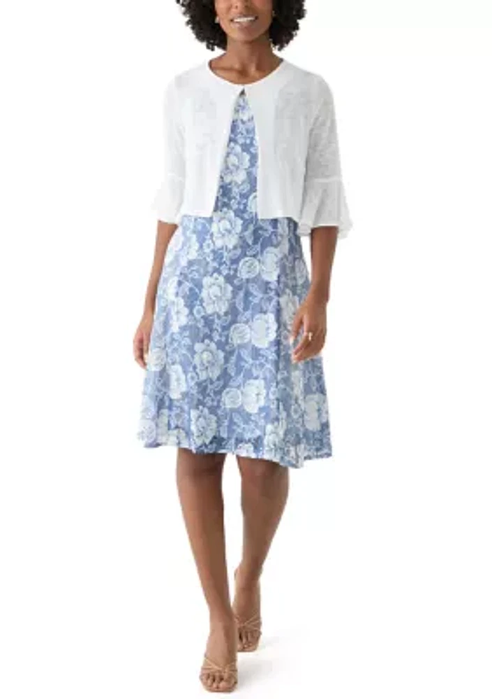 Women's Floral Dress and Solid Bell Sleeve Jacket