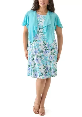 Plus Floral Dress and Solid Flutter Sleeve Topper