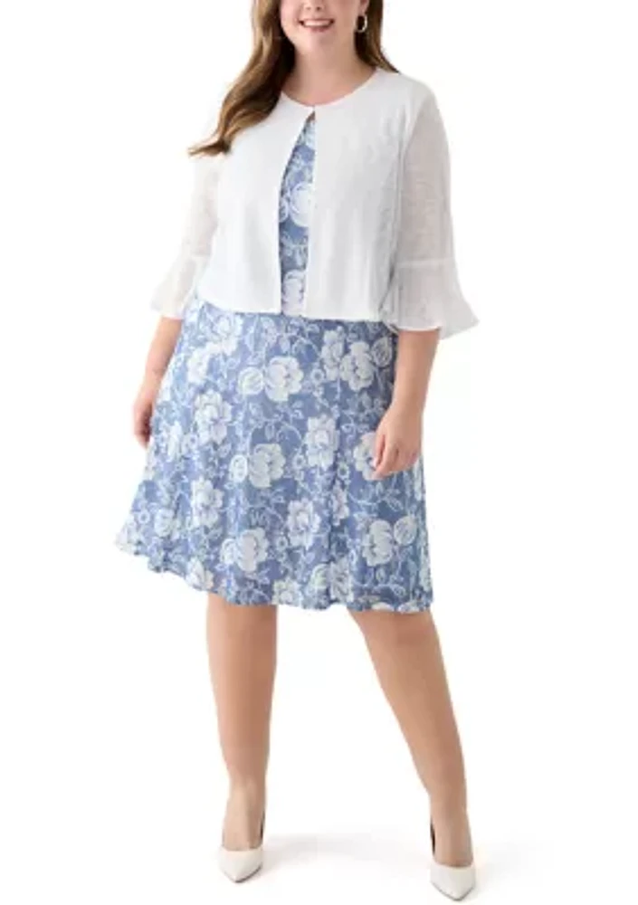 Plus Floral Print Dress with 3/4 Bell Sleeve Jacket