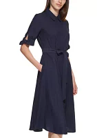 Women's Elbow Sleeve Collared Tie Waist Dress
