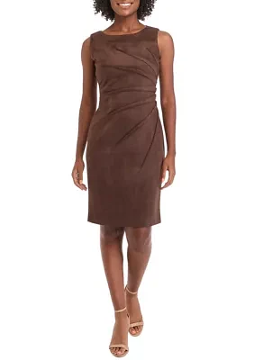 Women's Sleeveless Crew Neck Solid Side Ruch Suede Sheath Dress