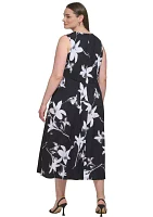 Plus Sleeveless V-Neck Floral Fit and Flare Midi Dress