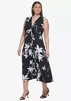 Plus Sleeveless V-Neck Floral Fit and Flare Midi Dress