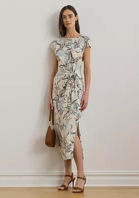 Tie Front Print Boat Neck Midi Dress