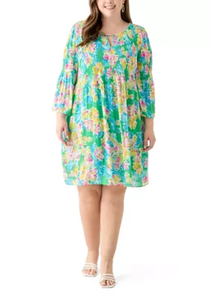 Plus Long Sleeve Keyhole Floral Pleater Dress
