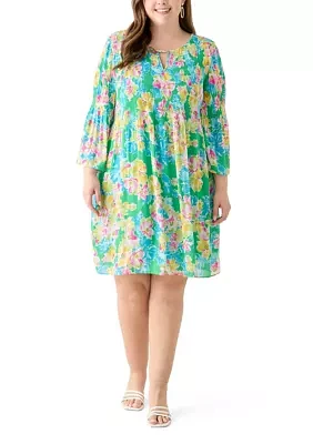 Plus Long Sleeve Keyhole Floral Pleater Dress