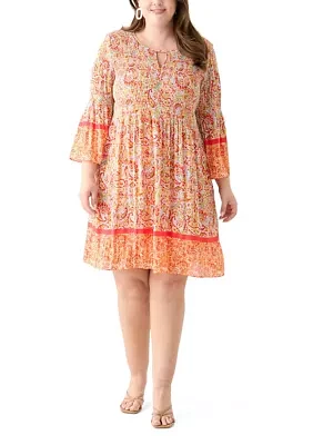 Plus Long Sleeve Keyhole Paisley Pleater Dress