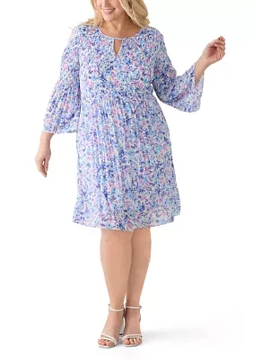 Plus Long Sleeve Scoop Keyhole Floral Dress
