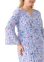 Plus Long Sleeve Scoop Keyhole Floral Dress