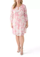 Plus Long Sleeve Scoop Keyhole Floral Dress