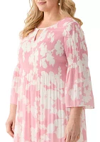 Plus Long Sleeve Scoop Keyhole Floral Dress