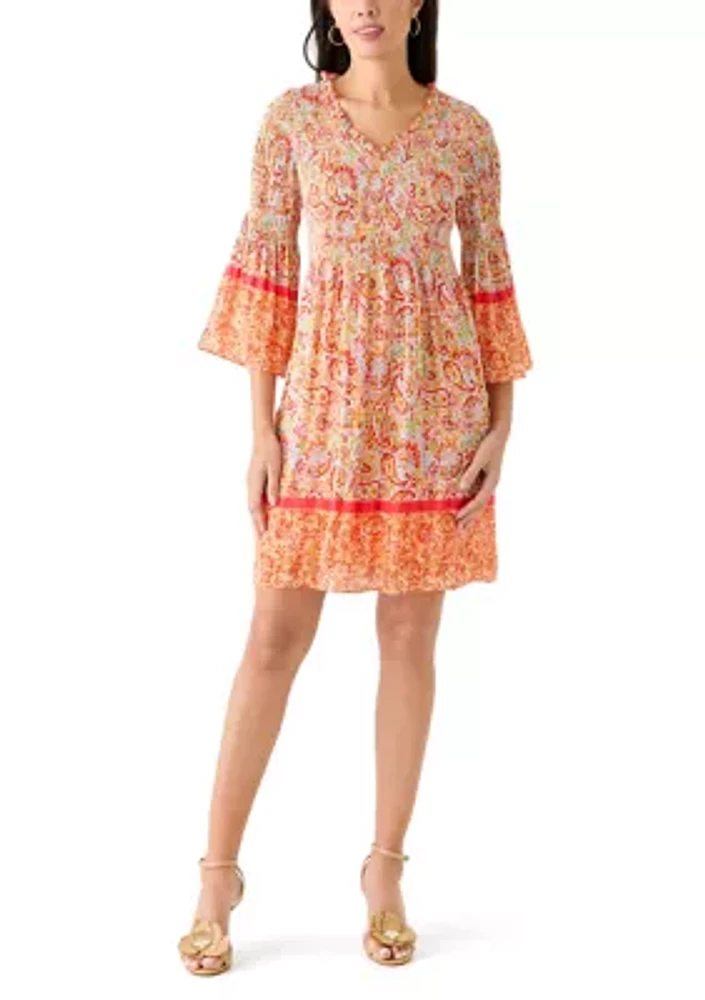 Women's 3/4 Sleeve V-Neck Paisley Print Dress