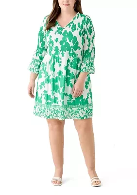 Plus Long Sleeve V-Neck Floral Print Pleater Dress