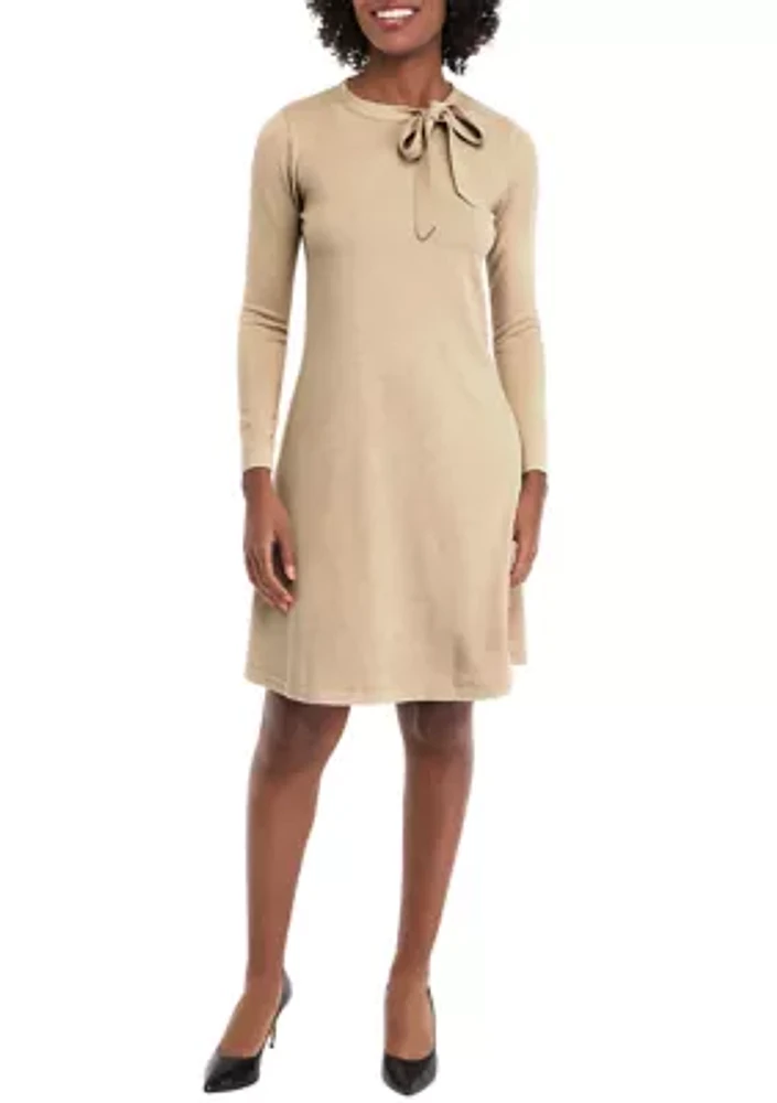 Women's Long Sleeve Crew Neck Solid Midi Knit A-Line Dress