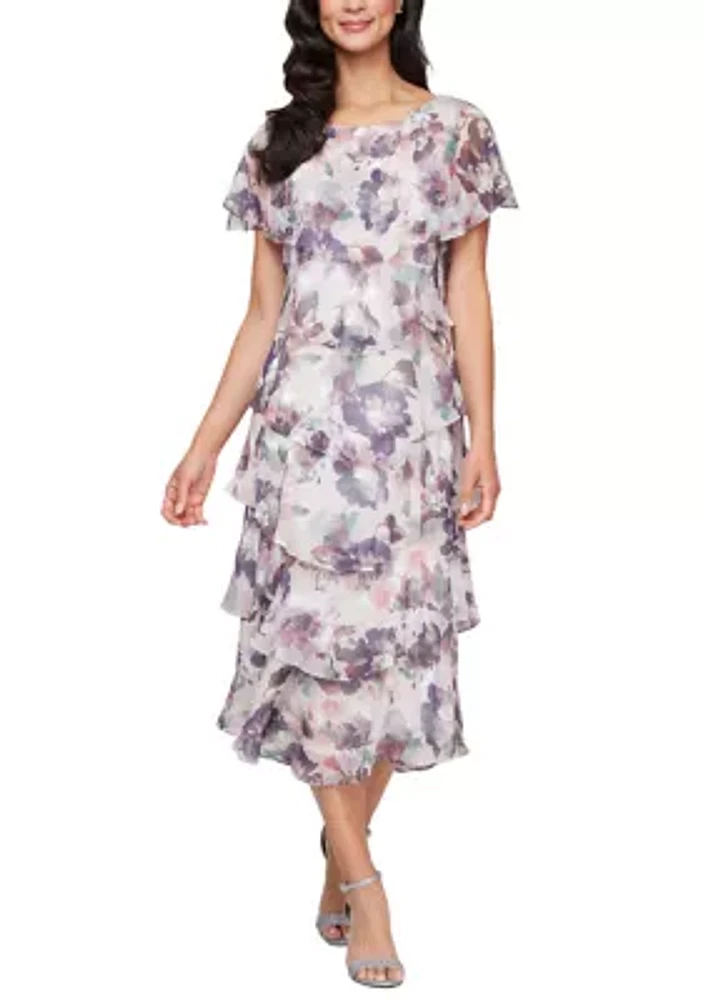 Women's Tea Length Tiered Dress with Embellished Shoulder
