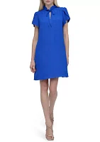 Women's Short Sleeve Ruffle Neck Solid Chiffon Shift Dress