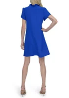 Women's Short Sleeve Ruffle Neck Solid Chiffon Shift Dress