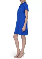 Women's Short Sleeve Ruffle Neck Solid Chiffon Shift Dress