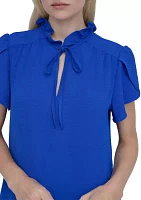 Women's Short Sleeve Ruffle Neck Solid Chiffon Shift Dress